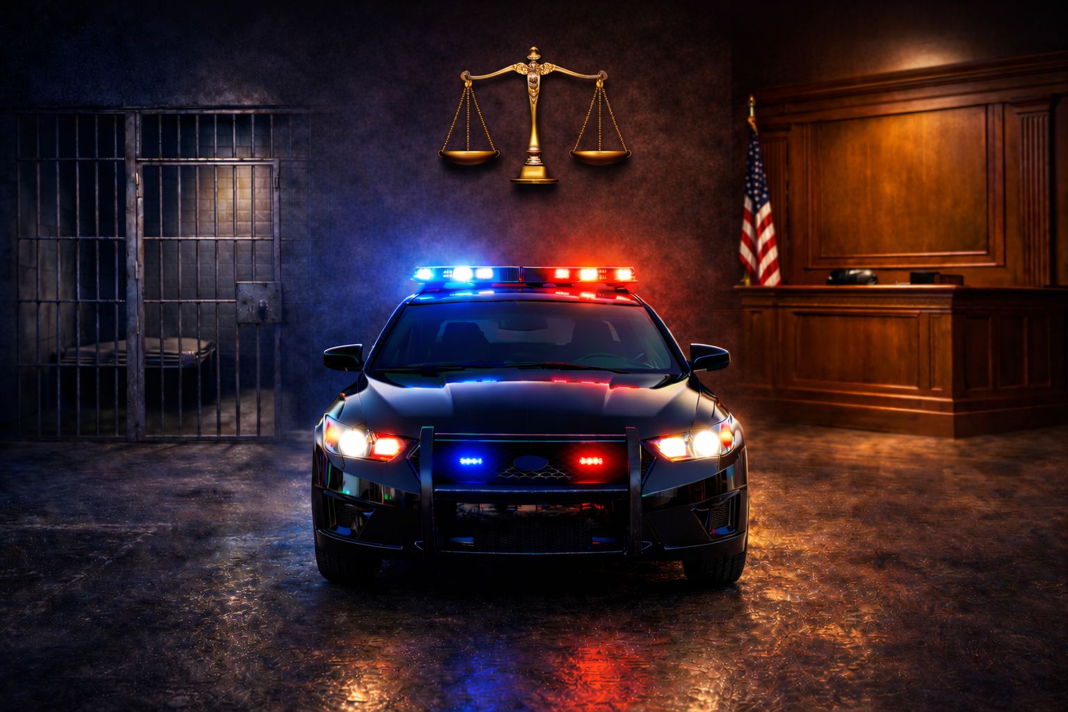 A police vehicle with emergency lights on, in front of a jail cell, a courtroom bench and the scales of justice